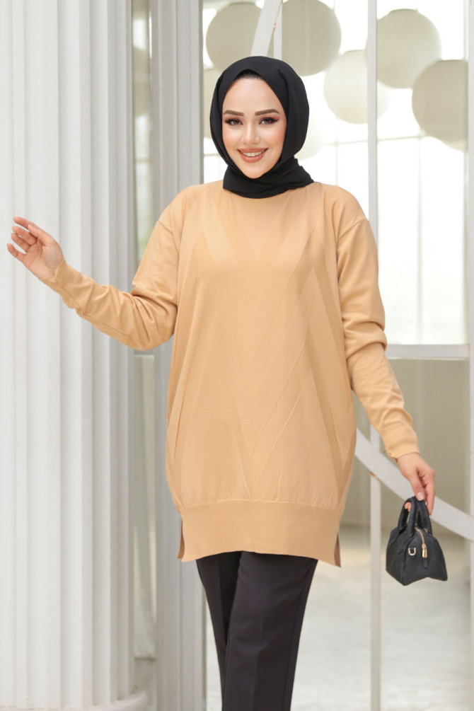 Desenli Bisküvi Tesettür Triko Kazak Tunik 17211BS - N.S NEVA STYLE