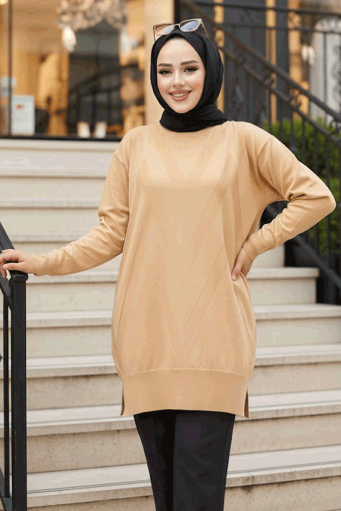 Desenli Bisküvi Tesettür Triko Kazak Tunik 17211BS - N.S NEVA STYLE