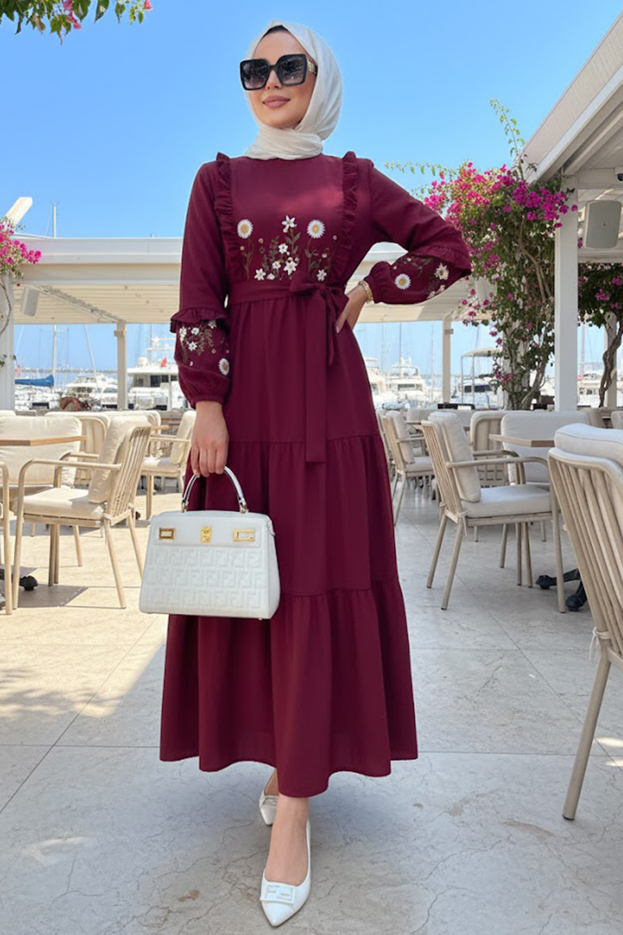Desenli Bordo Tesettür Elbise 10327BR