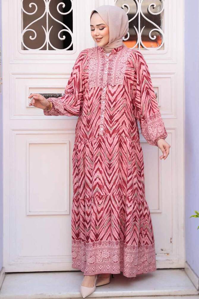 Desenli Bordo Tesettür Elbise 18243BR - 2