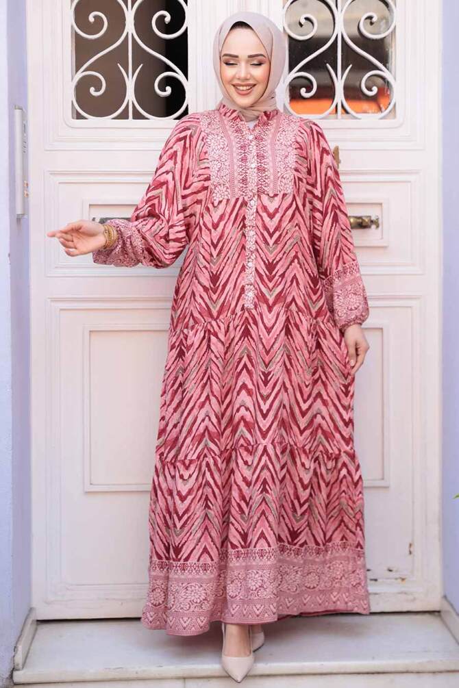 Desenli Bordo Tesettür Elbise 18243BR - 1