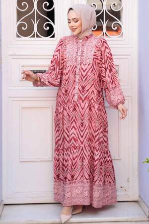 Desenli Bordo Tesettür Elbise 18243BR - 2