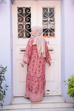 Desenli Bordo Tesettür Elbise 18243BR - 3