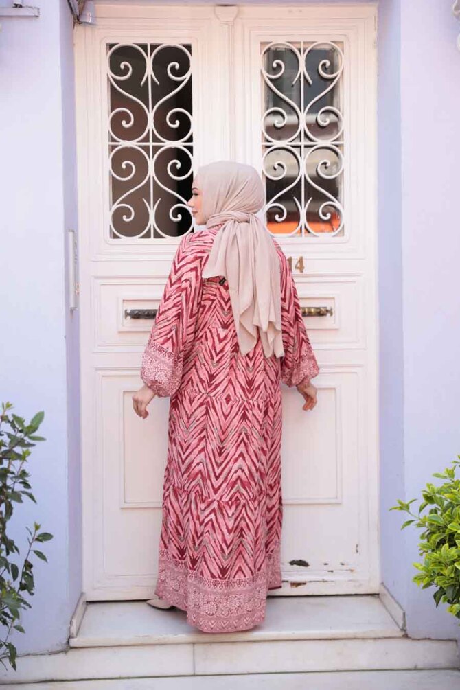 Desenli Bordo Tesettür Elbise 18243BR - 3