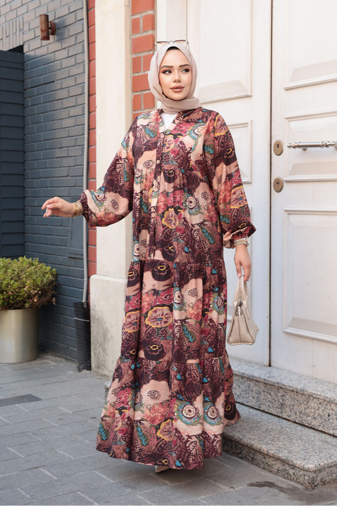Desenli Bordo Tesettür Elbise 19037BR - 2