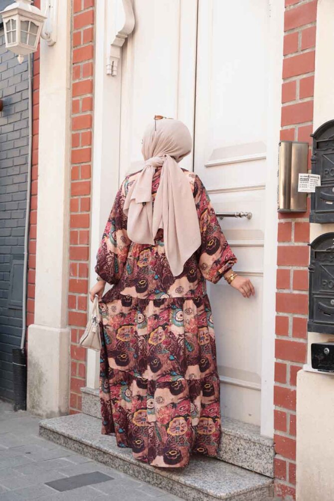 Desenli Bordo Tesettür Elbise 19037BR - 3