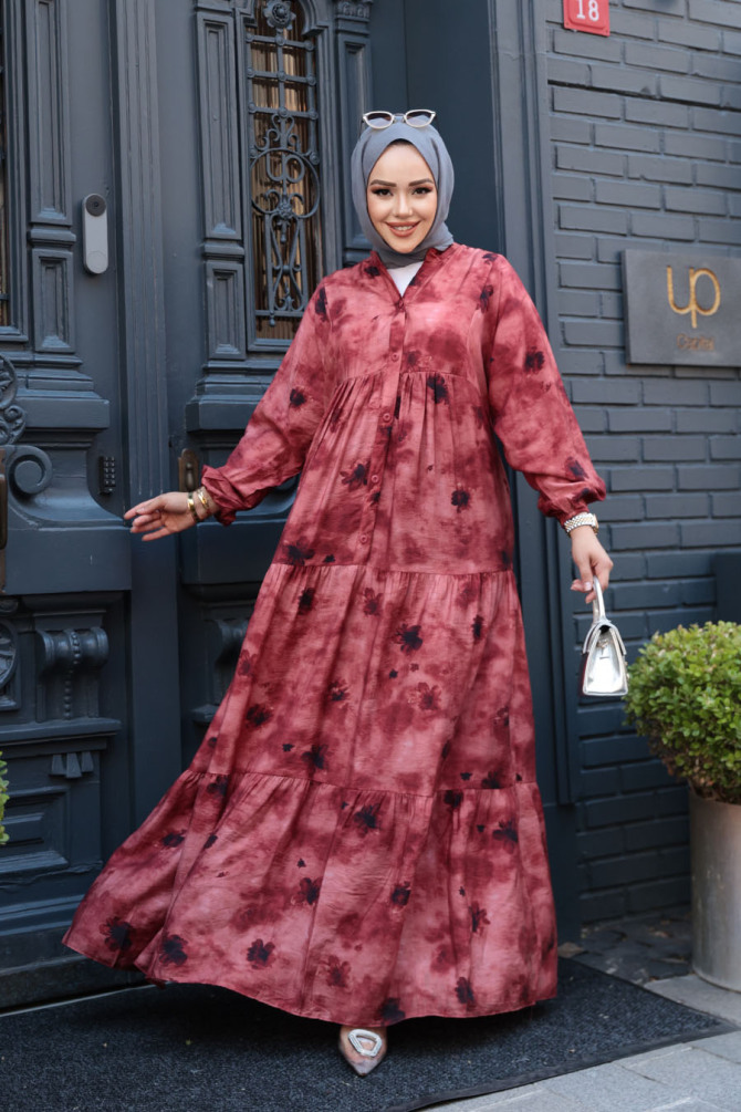 Desenli Bordo Tesettür Elbise 19040BR - 1