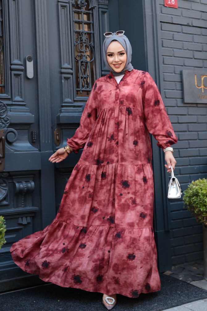 Desenli Bordo Tesettür Elbise 19040BR - 2