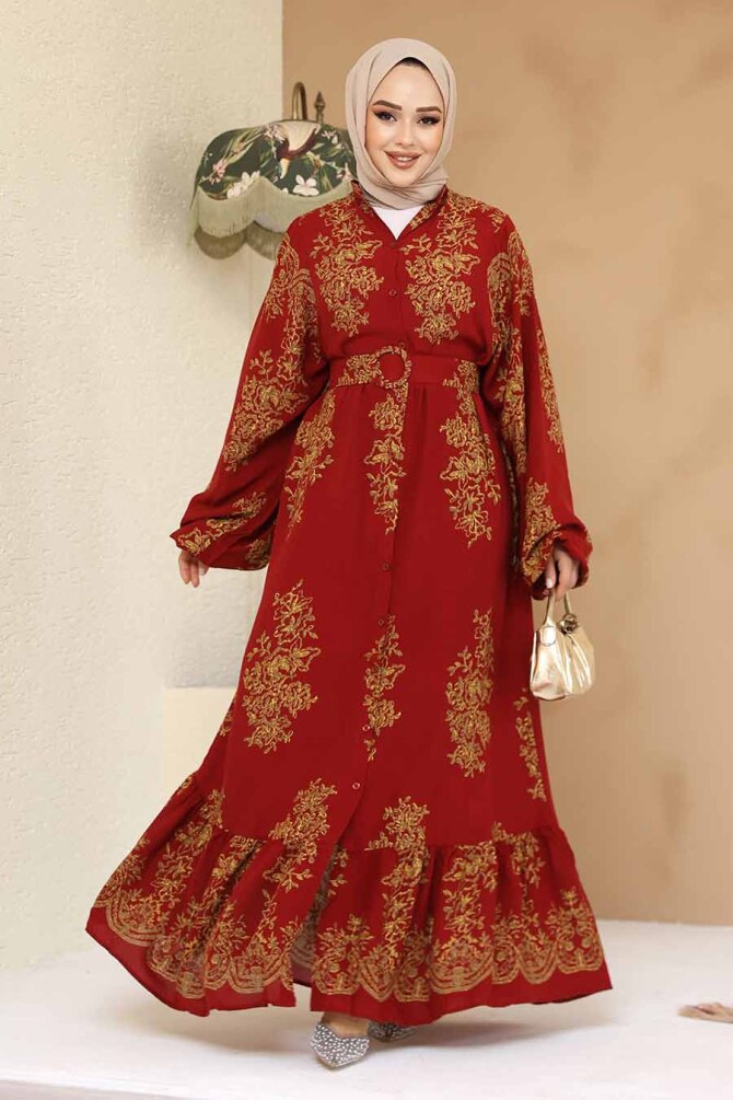 Desenli Bordo Tesettür Elbise 19481BR - 1