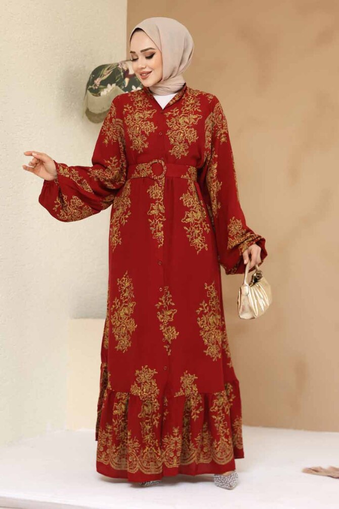 Desenli Bordo Tesettür Elbise 19481BR - 2