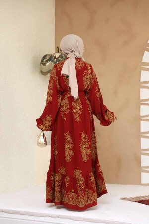 Desenli Bordo Tesettür Elbise 19481BR - 4