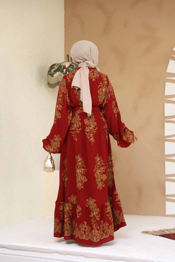 Desenli Bordo Tesettür Elbise 19481BR - 4