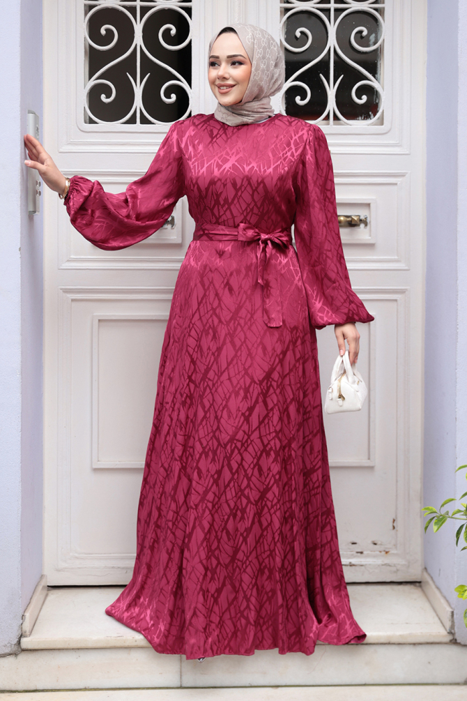 Desenli Bordo Tesettür Elbise 23272BR - 1