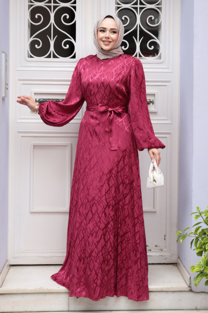 Desenli Bordo Tesettür Elbise 23272BR - 2