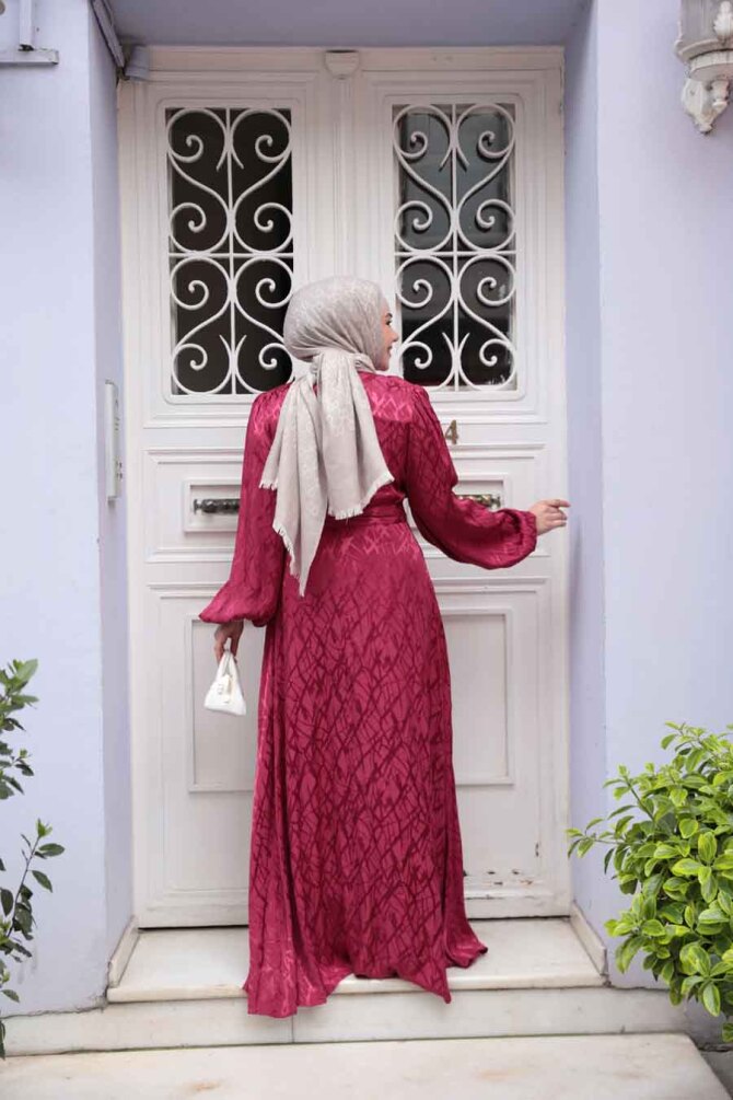 Desenli Bordo Tesettür Elbise 23272BR - 3