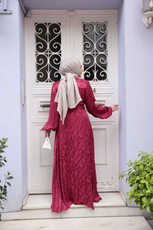 Desenli Bordo Tesettür Elbise 23272BR - 3