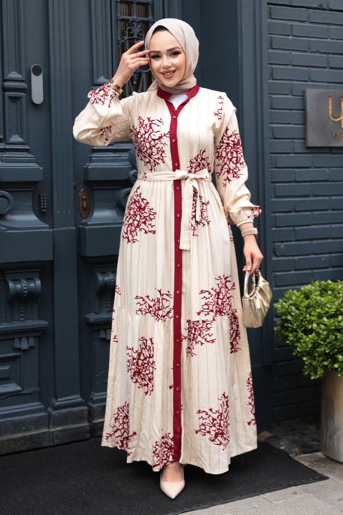 Desenli Bordo Tesettür Elbise 23925BR - 1