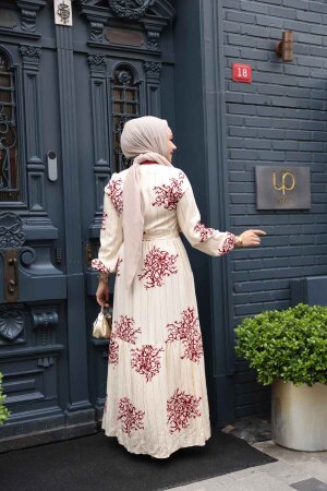 Desenli Bordo Tesettür Elbise 23925BR - 3