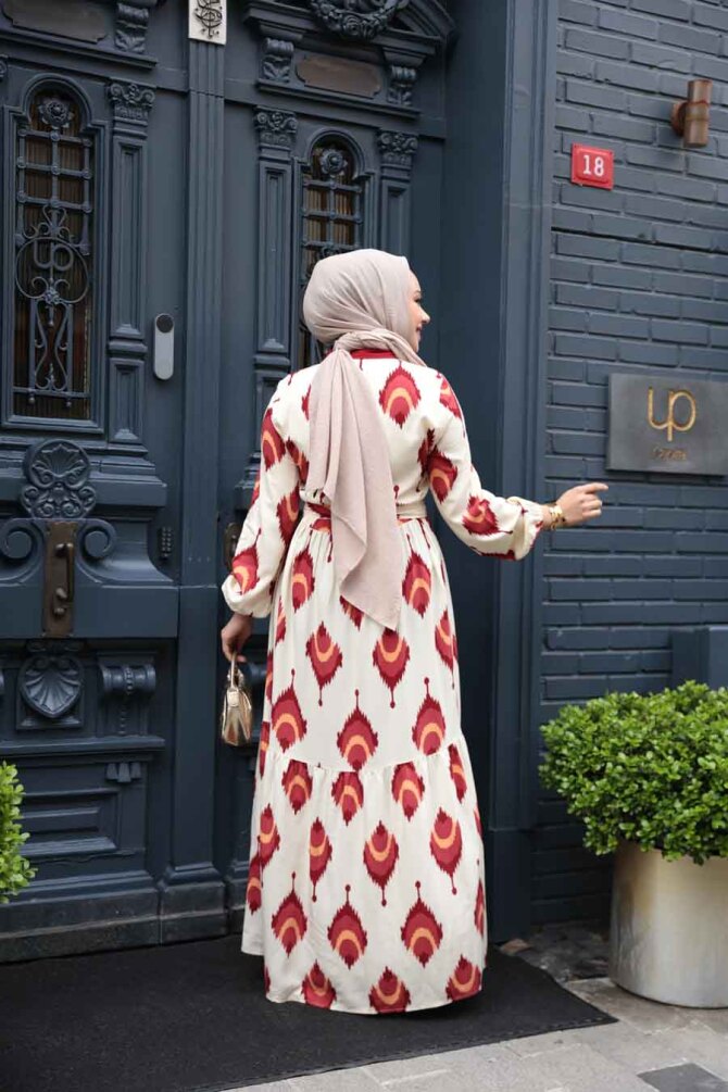 Desenli Bordo Tesettür Elbise 23926BR - 4