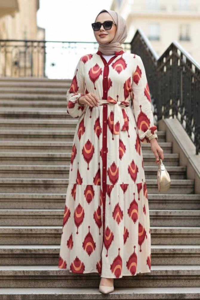 Desenli Bordo Tesettür Elbise 23926BR - 1