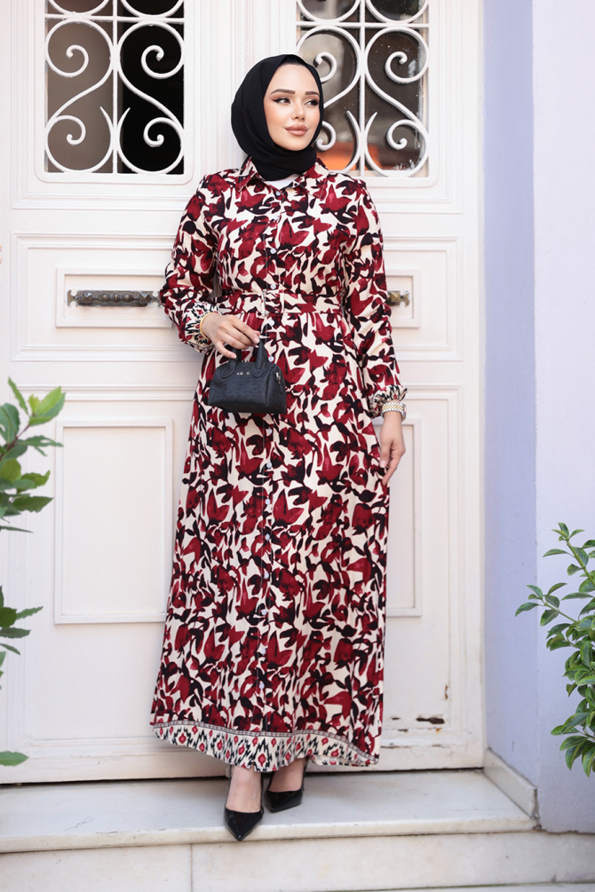 Desenli Bordo Tesettür Elbise 24081BR - 1