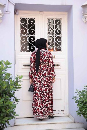 Desenli Bordo Tesettür Elbise 24081BR - 3