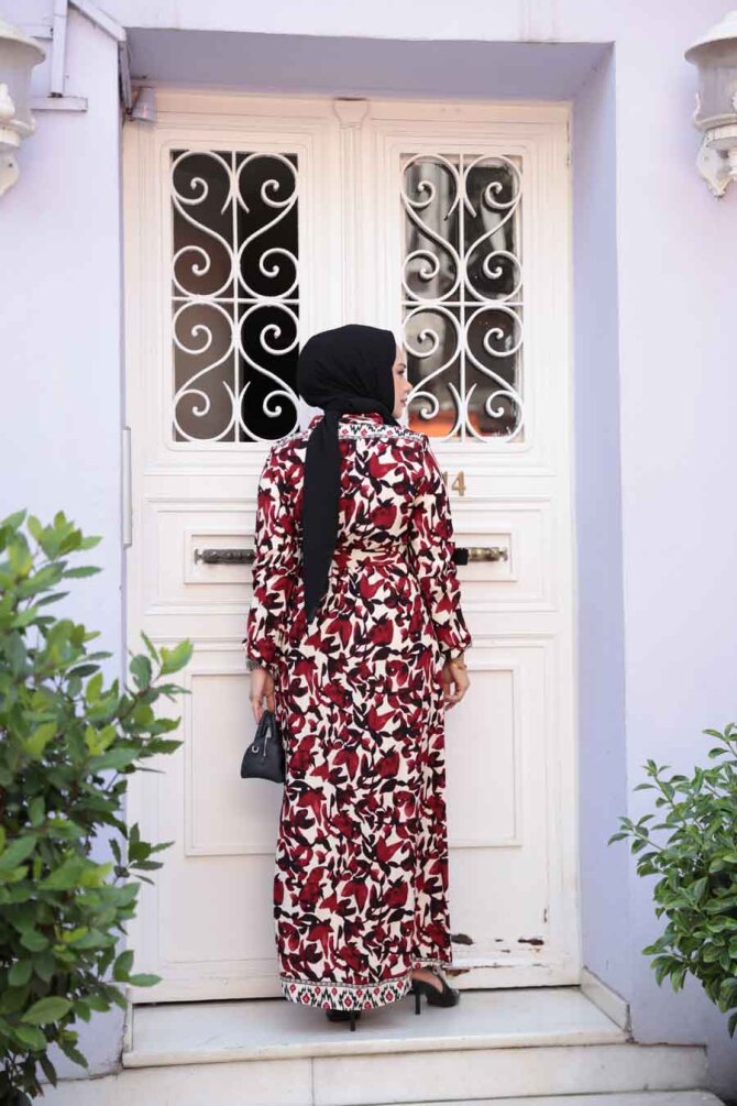 Desenli Bordo Tesettür Elbise 24081BR - 3