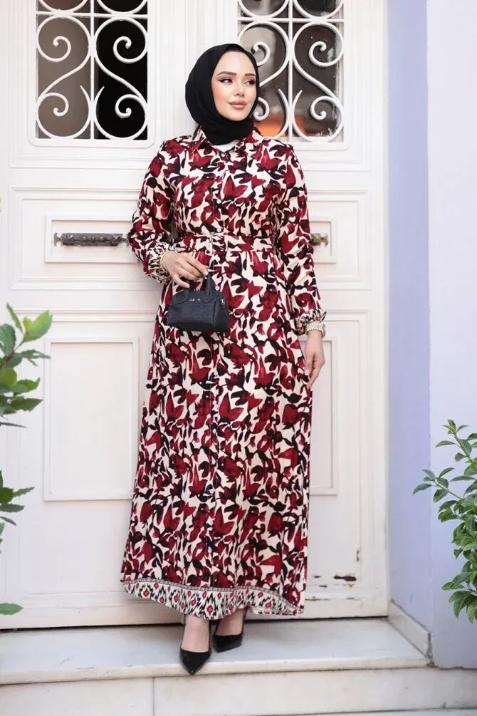 Desenli Bordo Tesettür Elbise 24081BR - 1