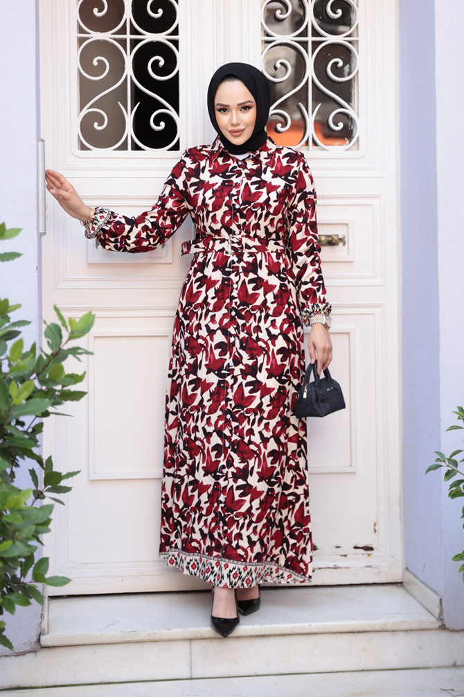 Desenli Bordo Tesettür Elbise 24081BR - 2