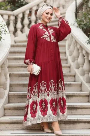 Desenli Bordo Tesettür Elbise 32162BR 
