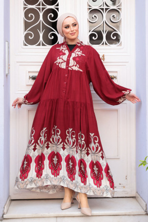 Desenli Bordo Tesettür Elbise 32162BR - 1