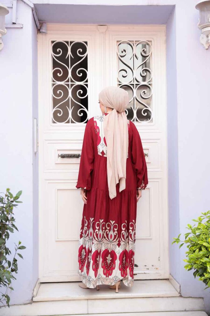Desenli Bordo Tesettür Elbise 32162BR - 4