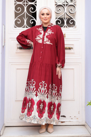 Desenli Bordo Tesettür Elbise 32162BR - 2