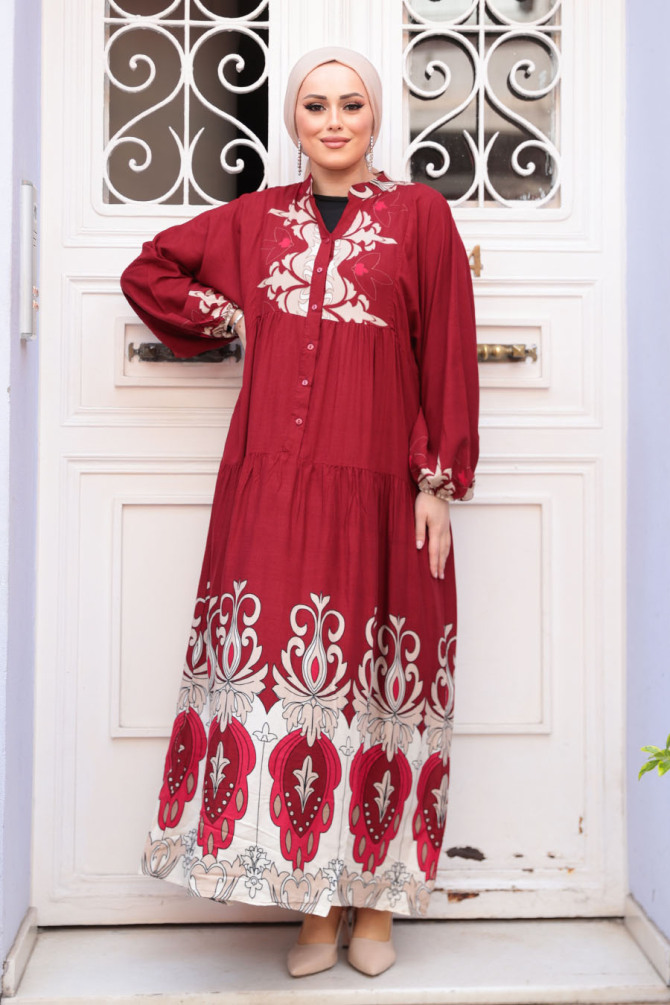 Desenli Bordo Tesettür Elbise 32162BR - 2