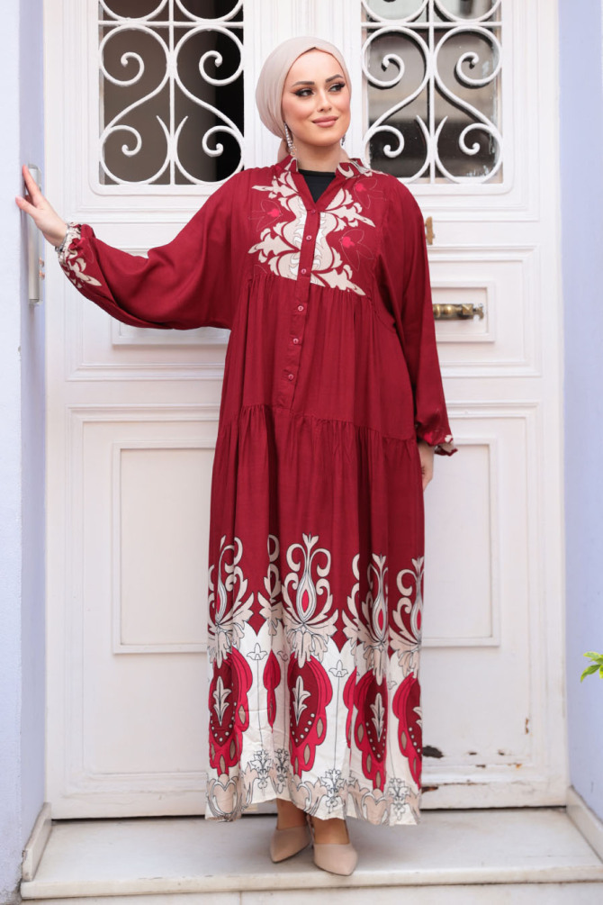 Desenli Bordo Tesettür Elbise 32162BR - 3