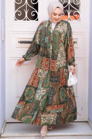 Desenli Yeşil Tesettür Elbise 52943Y - NEVA STYLE