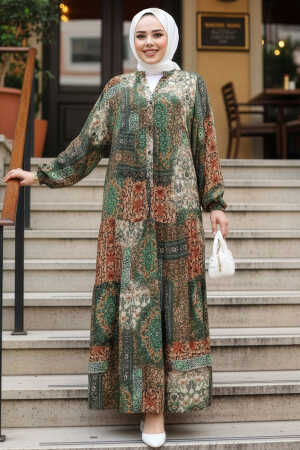 Desenli Yeşil Tesettür Elbise 52943Y 