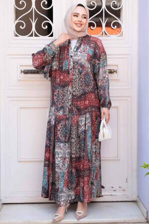 Desenli Bordo Tesettür Elbise 52943BR - NEVA STYLE
