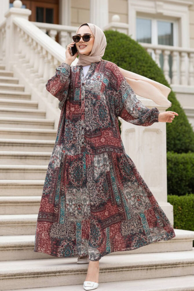 Desenli Bordo Tesettür Elbise 52943BR - 1