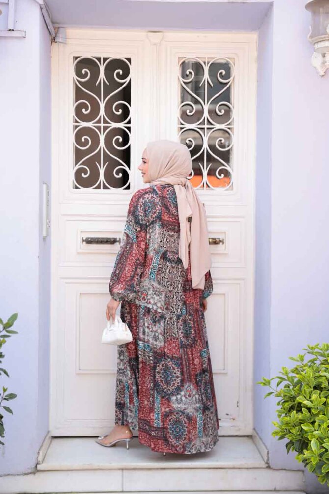 Desenli Bordo Tesettür Elbise 52943BR - 3