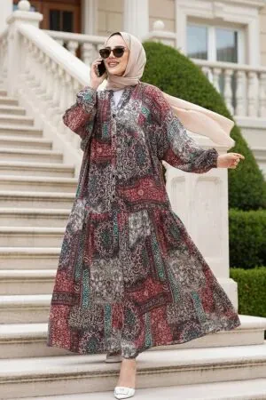 Desenli Bordo Tesettür Elbise 52943BR - 1