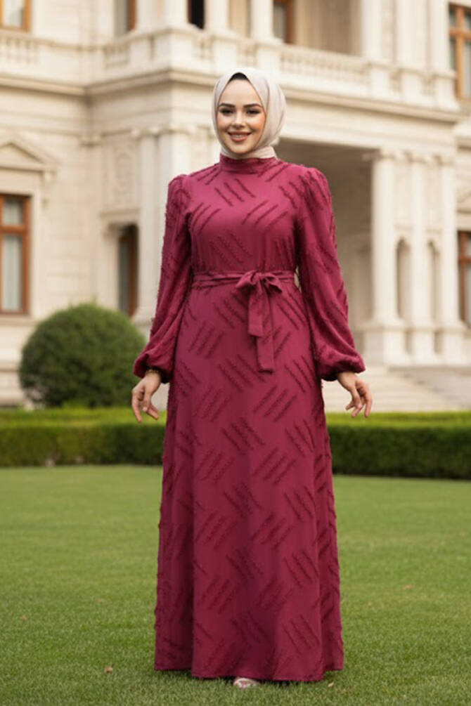 Desenli Bordo Tesettür Elbise 5298BR - 1