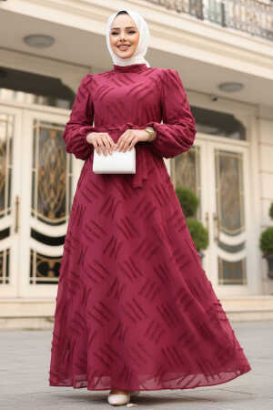 Desenli Bordo Tesettür Elbise 5298BR 