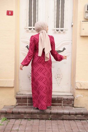 Desenli Bordo Tesettür Elbise 5298BR - 4