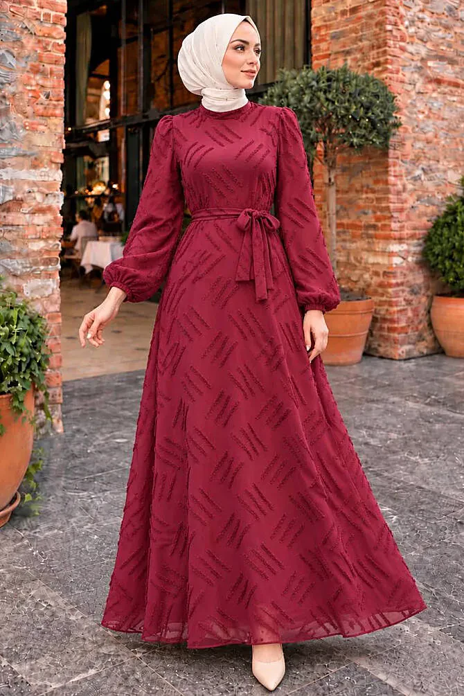 Desenli Bordo Tesettür Elbise 5298BR - 1