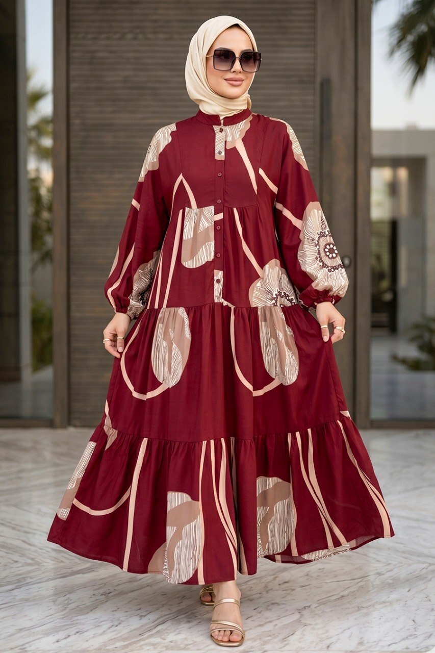 Desenli Bordo Tesettür Elbise 627504BR