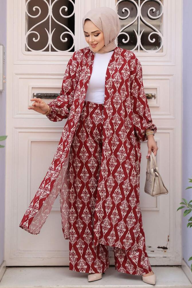 Desenli Bordo Tesettür İkili Kimono Takım 12888BR - 1