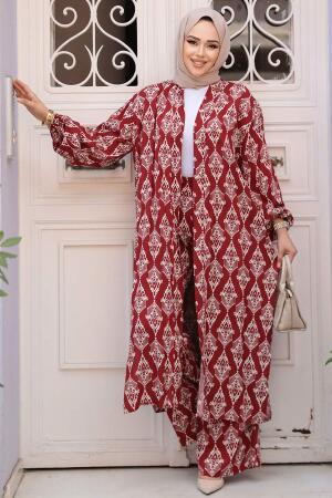Desenli Bordo Tesettür İkili Kimono Takım 12888BR - 2