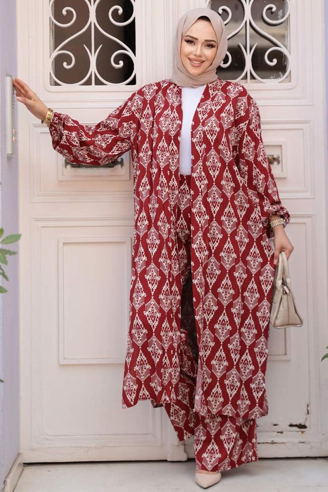 Desenli Bordo Tesettür İkili Kimono Takım 12888BR - 2