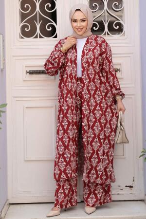 Desenli Bordo Tesettür İkili Kimono Takım 12888BR - 3